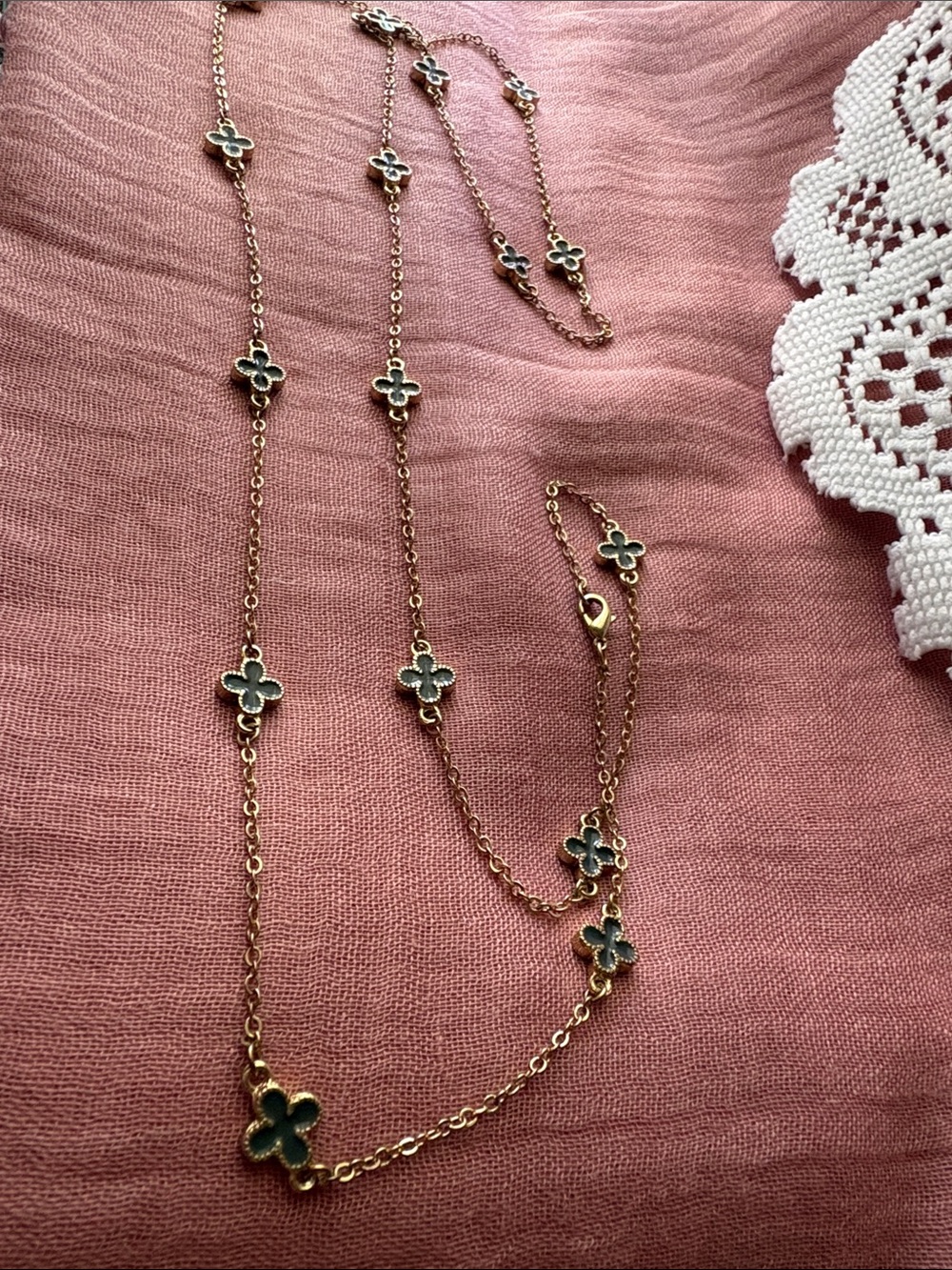 Gold Chain Necklace with Dark Green Clover Accents - Women's Jewelry